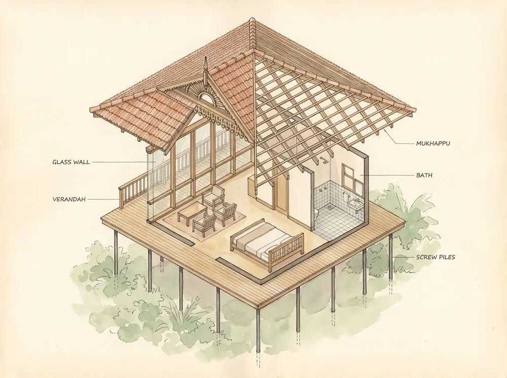 Cutaway drawing of a cottage on a raised platform: tiled roof, timber frame, glass wall, veranda and bath.