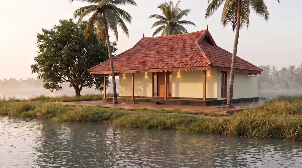 Concept image of a tiled-roof Kerala cottage at the lake edge in morning mist.
