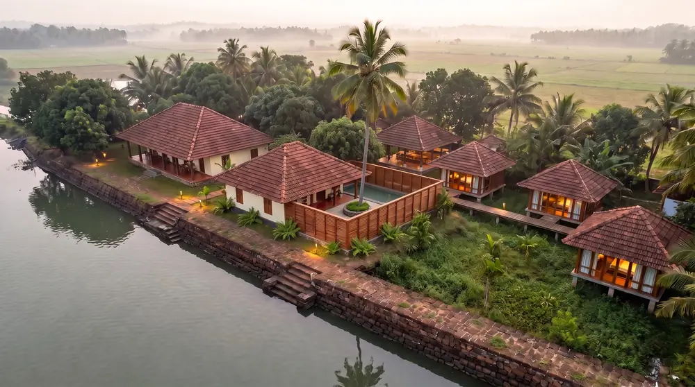 Concept image of a small cluster of tiled-roof cottages on a Kerala backwater at dawn, with paddy fields beyond.