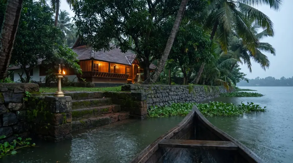 Concept image of laterite steps down to backwater, with a country boat in the foreground.