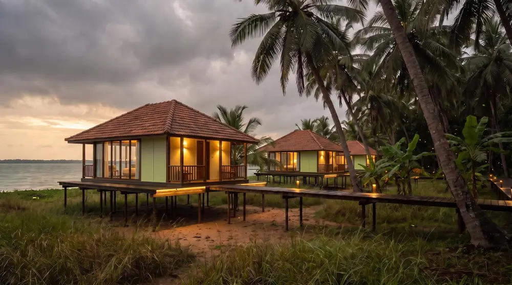 Concept image of small cottages on a raised timber platform at a water edge, lit at dusk.
