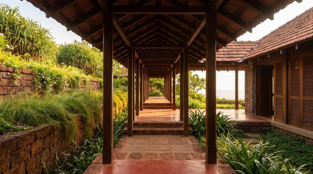 Concept image of a covered walkway between laterite houses, opening to the sea.